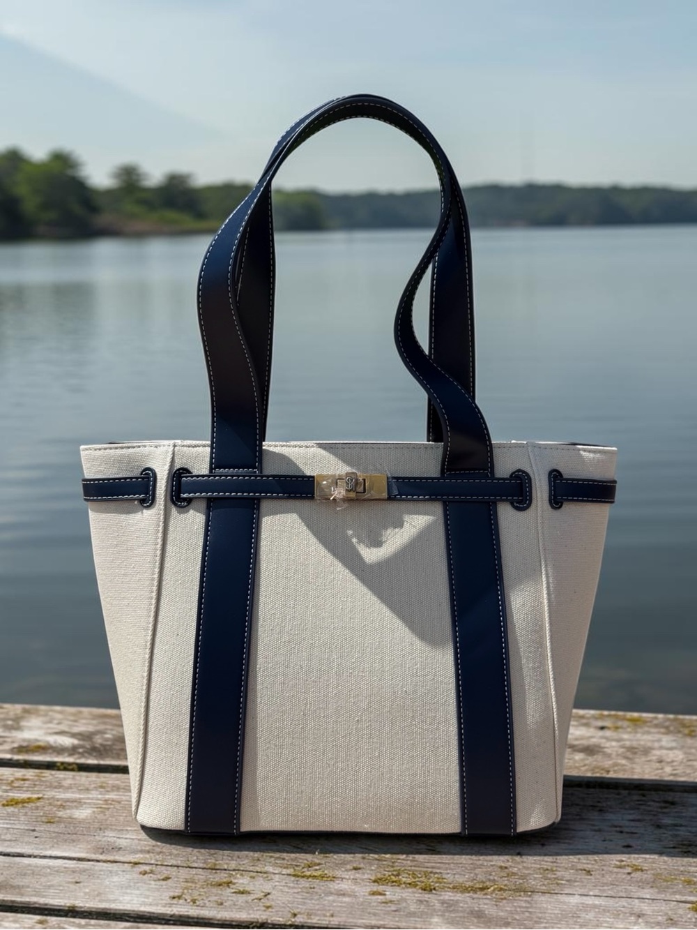 Steve Madden Banchor Boatkin Cream Canvas Tote with Navy Trim